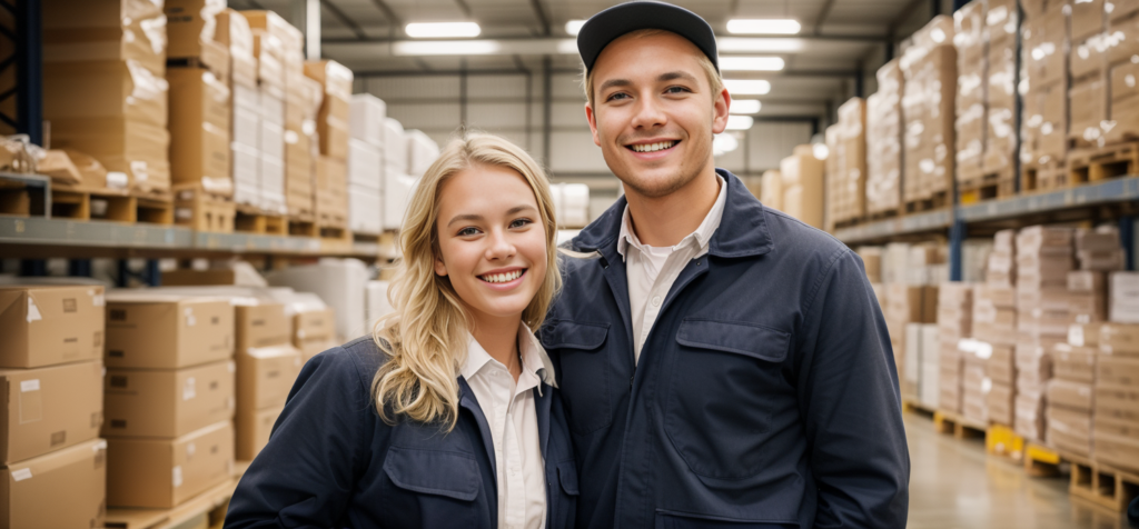 Två personer på ett lager.